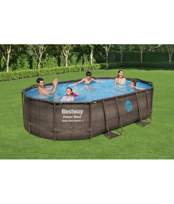 Piscine Bestway Power Steel SwimVista Pool ovale 4.88 x 3.05m x 1.07m motif rotin + hublots