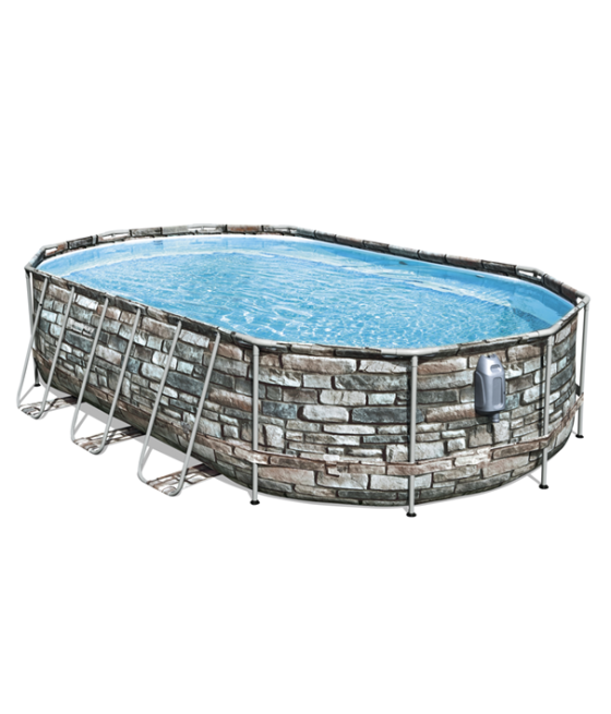 Piscine Bestway Power Steel Frame Pools ovale 6.10 x 3.66m H1.22 + filtre cartouche - imitation pierre