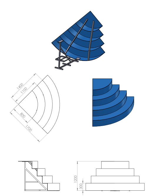 Dimensions escalier d'angle sur liner quart de rond 4 marches